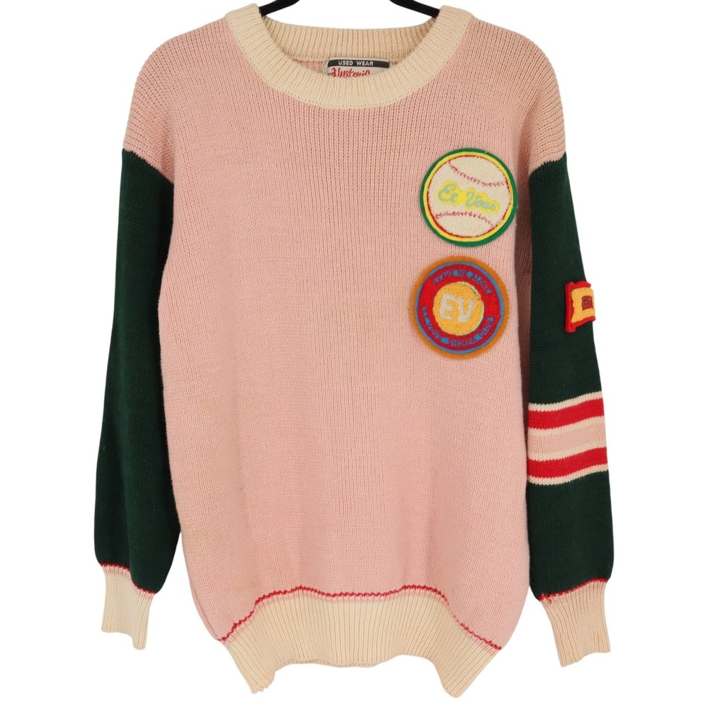 Hysteric Et Vous Womens Knit Sweater Size 2 Vintage Pink Green Baseball Patches
